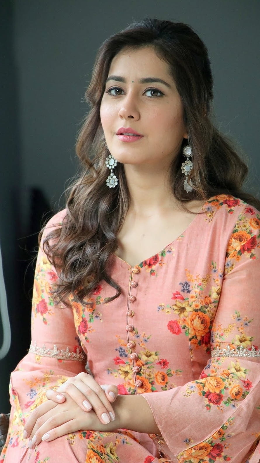 Raashi Khanna in a Pink Floral Kurti with Traditional Earrings HD phone wallpaper