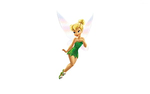 Tinkerbell in Green Dress Flying with Iridescent Wings on White Background HD wallpaper