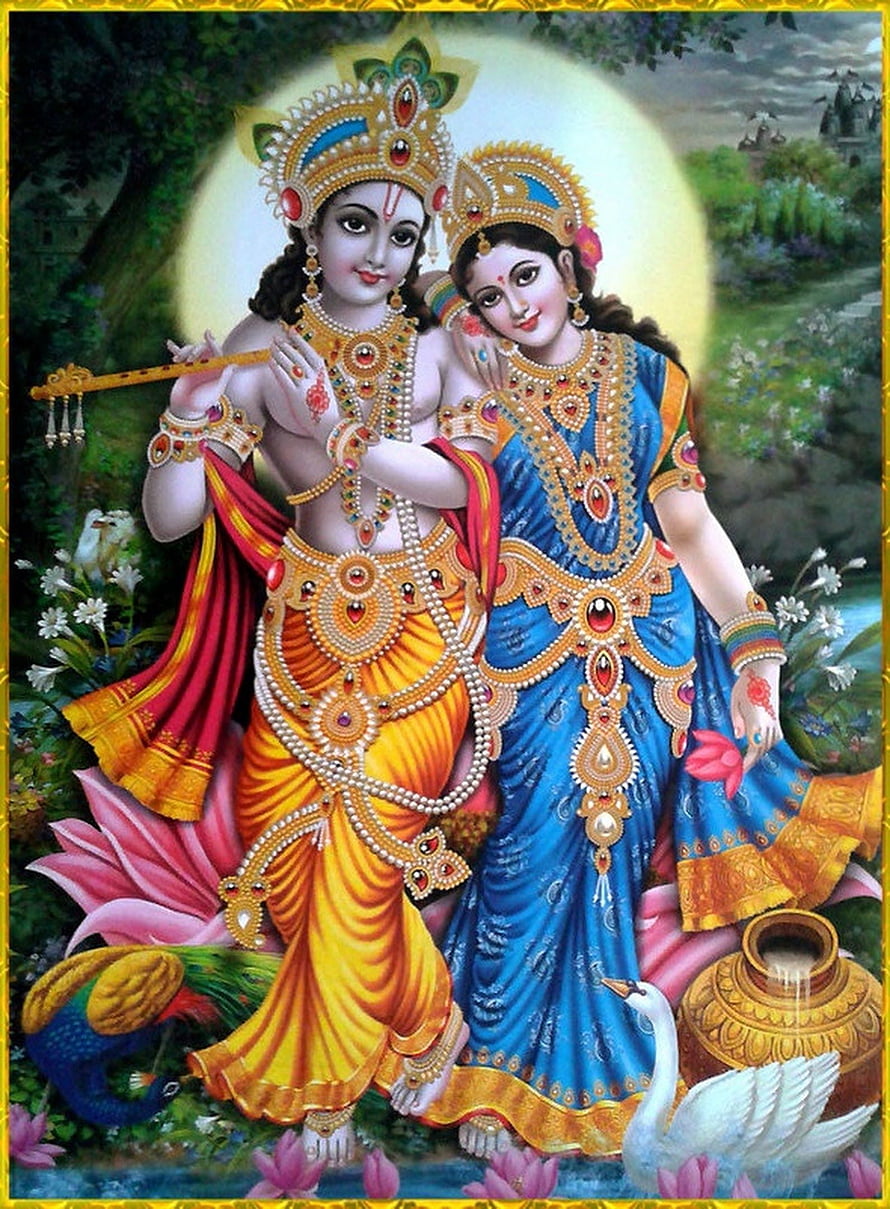 Radha Krishna Divine Couple in Ornate Sarees with Peacock and Swan HD phone wallpaper