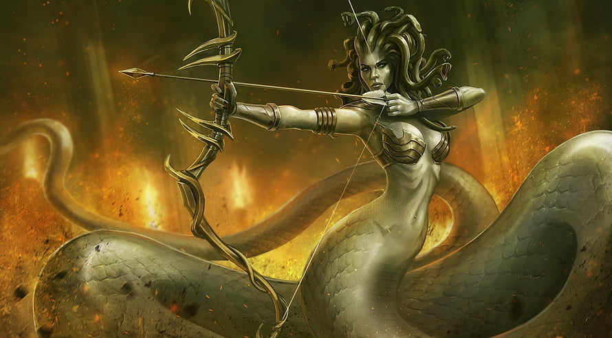 Medusa the Gorgon Drawing a Bow and Arrow in a Fiery Landscape HD wallpaper