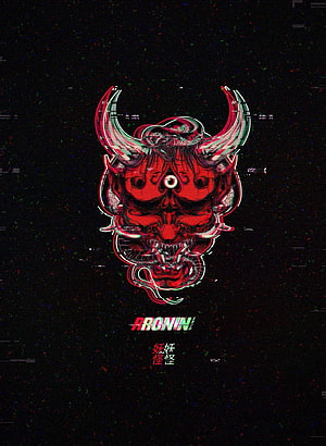 Red Oni Demon Mask with Glitch Art and Chromatic Aberration on Black Background HD phone wallpaper