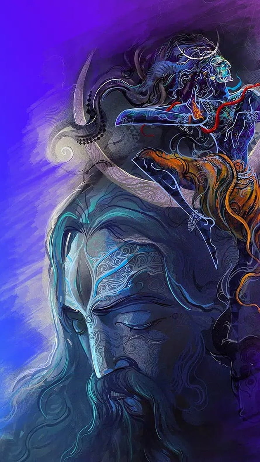 Mahadev and Aghori Mystical Portrait with Intricate Tribal Patterns and Vibrant Purple Background HD phone wallpaper