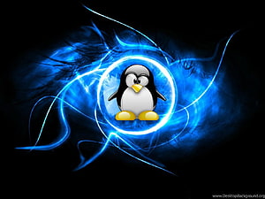 Tux the Linux Penguin Mascot with Glowing Blue Energy Swirls on Black Background HD wallpaper