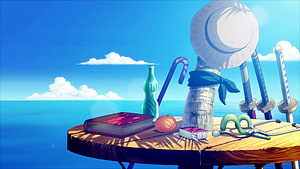 One Piece Anime Scene Featuring Straw Hat, Swords, and Ocean View on a Wooden Table HD wallpaper
