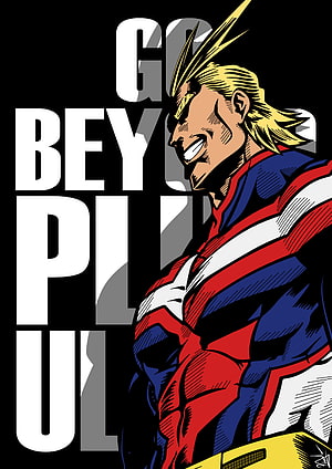 All Might in Iconic Red and Blue Costume with Bold Typography on Black Background HD phone wallpaper