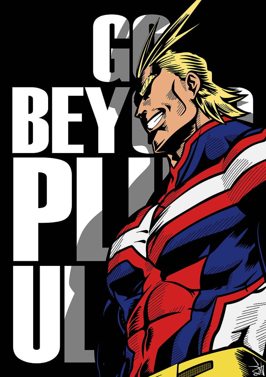 All Might in Iconic Red and Blue Costume with Bold Typography on Black Background HD phone wallpaper