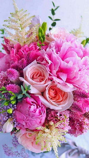 Vibrant Pink Peony and Rose Bouquet with Textured Filler Flowers and Greenery HD phone wallpaper