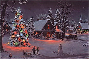Snowy Christmas Village Night with Lit Tree, Cottage, Church, and Children HD wallpaper