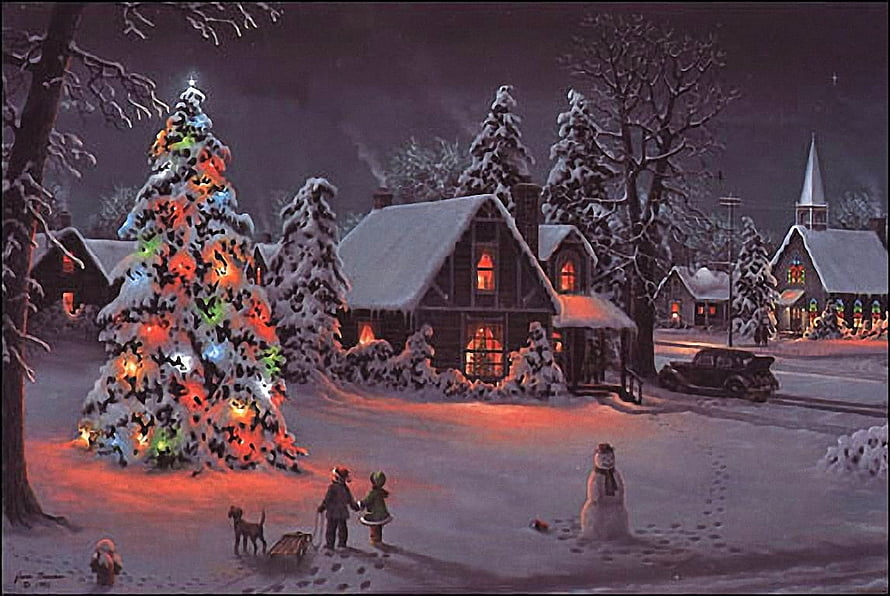 Snowy Christmas Village Night with Lit Tree, Cottage, Church, and Children HD wallpaper