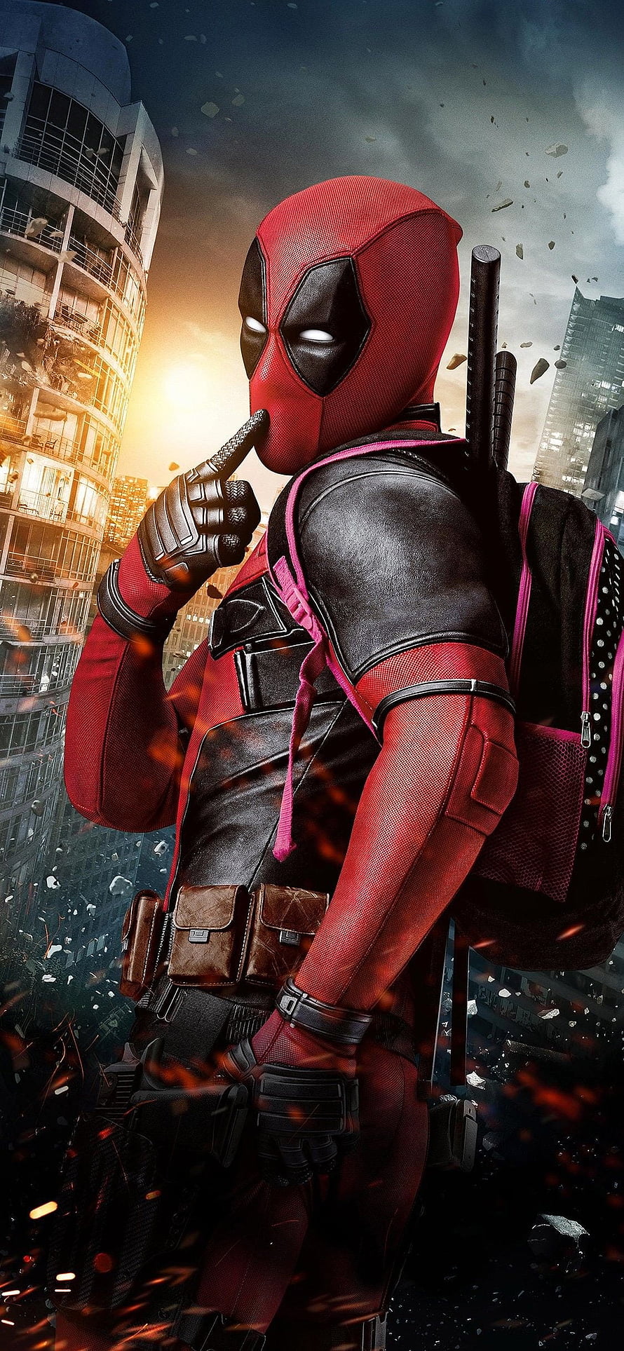 Deadpool Shushing Gesture Amidst City Destruction and Falling Debris HD phone wallpaper
