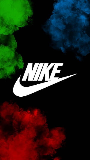 Nike Logo with Vibrant Green Blue and Red Smoke on Black Background HD phone wallpaper