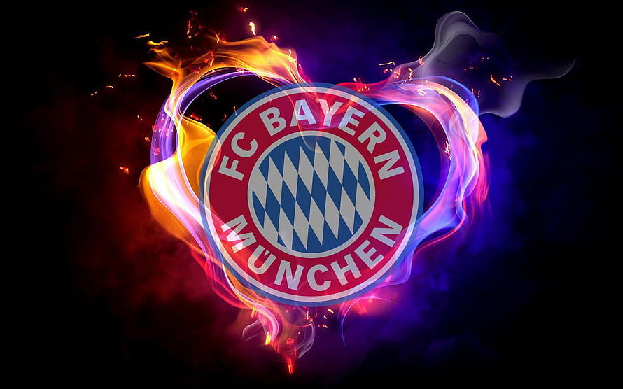 FC Bayern München crest engulfed in vibrant neon flames and swirling smoke on a dark background HD wallpaper