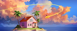 Kame House on a Tropical Island with a Flying Character and Fire Trail in Dragon Ball HD wallpaper