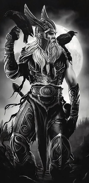 Odin the Allfather with ravens in ornate Norse armor under a full moon HD phone wallpaper