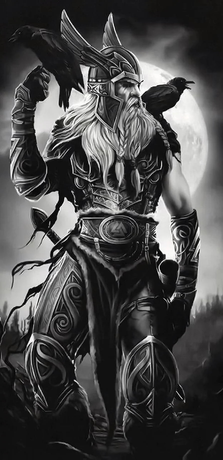 Odin the Allfather with ravens in ornate Norse armor under a full moon HD phone wallpaper