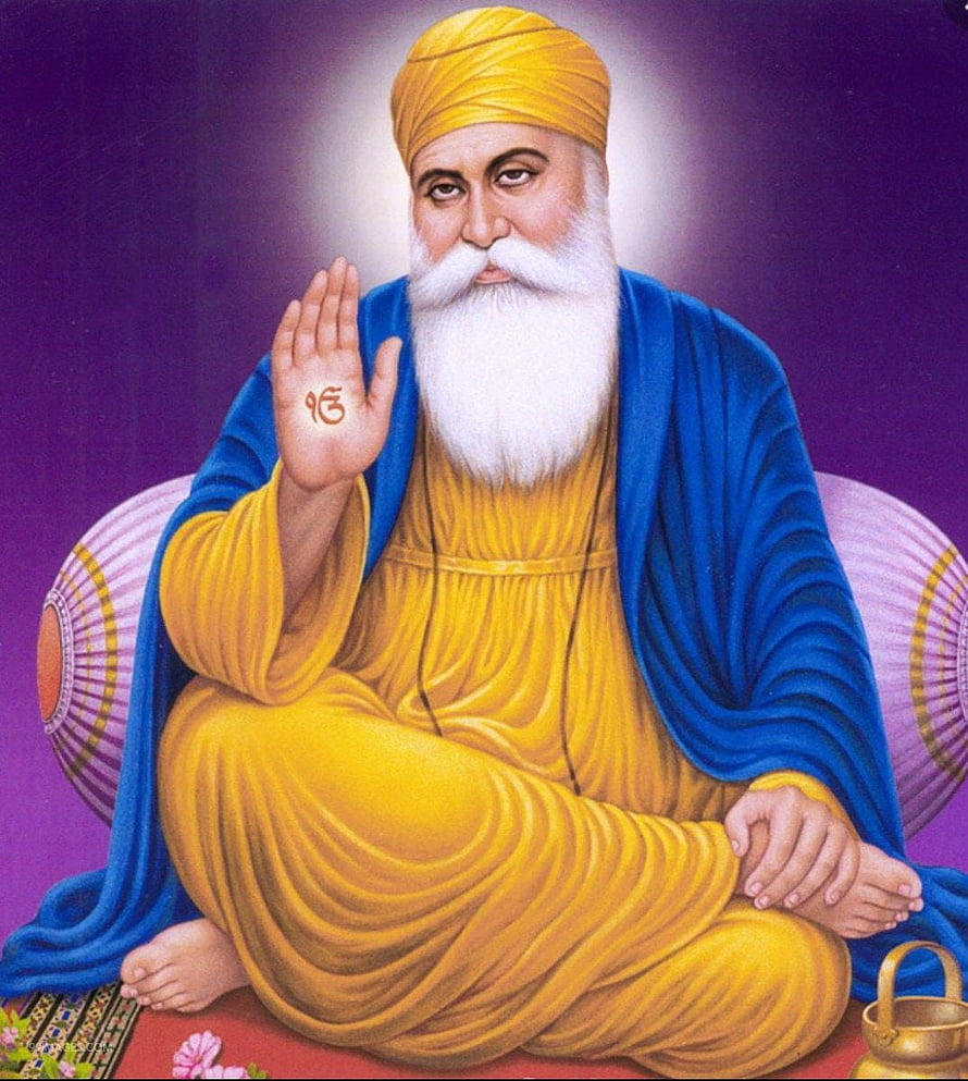Guru Nanak Devji Portrait in Yellow Robes and Blue Shawl with Halo HD phone wallpaper