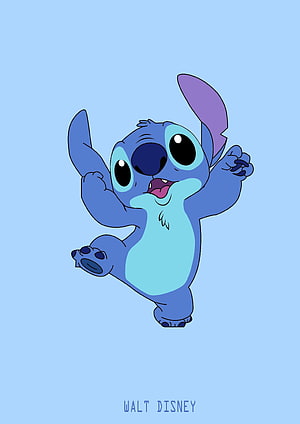 Stitch from Lilo and Stitch in a playful jumping pose on a light blue background HD phone wallpaper