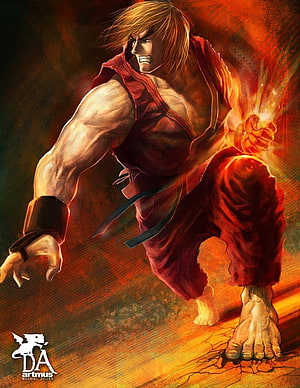 Ken Masters in Dynamic Fighting Stance with Fiery Energy Burst HD phone wallpaper