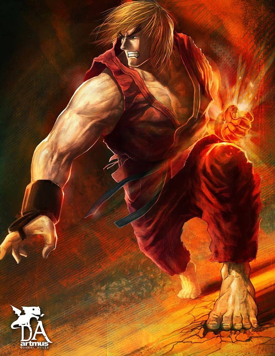 Ken Masters in Dynamic Fighting Stance with Fiery Energy Burst HD phone wallpaper