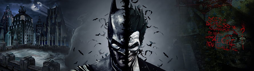 Batman and The Joker Split Face Artwork with Gotham City Skyline and Bats, Dual Monitor, 3840X1080 DBZ HD wallpaper