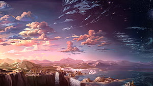 Painted Fantasy Landscape with Waterfall, Lake, and Starry Twilight Sky HD wallpaper