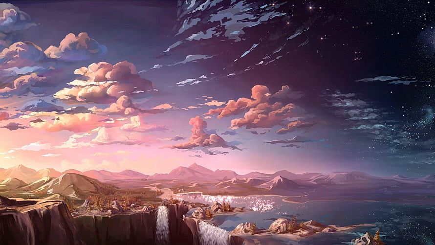 Painted Fantasy Landscape with Waterfall, Lake, and Starry Twilight Sky HD wallpaper