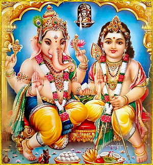 Ganesha and Murugan Seated Together in Traditional Indian Deity Art HD phone wallpaper