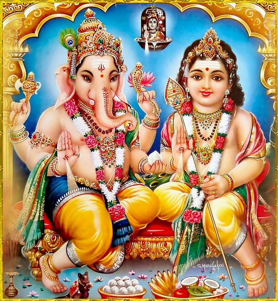 Ganesha and Murugan Seated Together in Traditional Indian Deity Art HD phone wallpaper