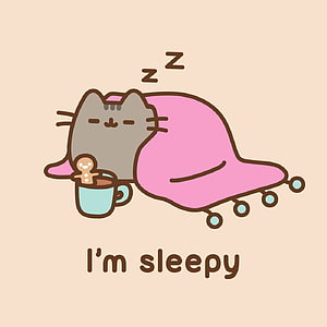 Pusheen Sleeping Under Pink Blanket With Gingerbread Man Mug HD phone wallpaper
