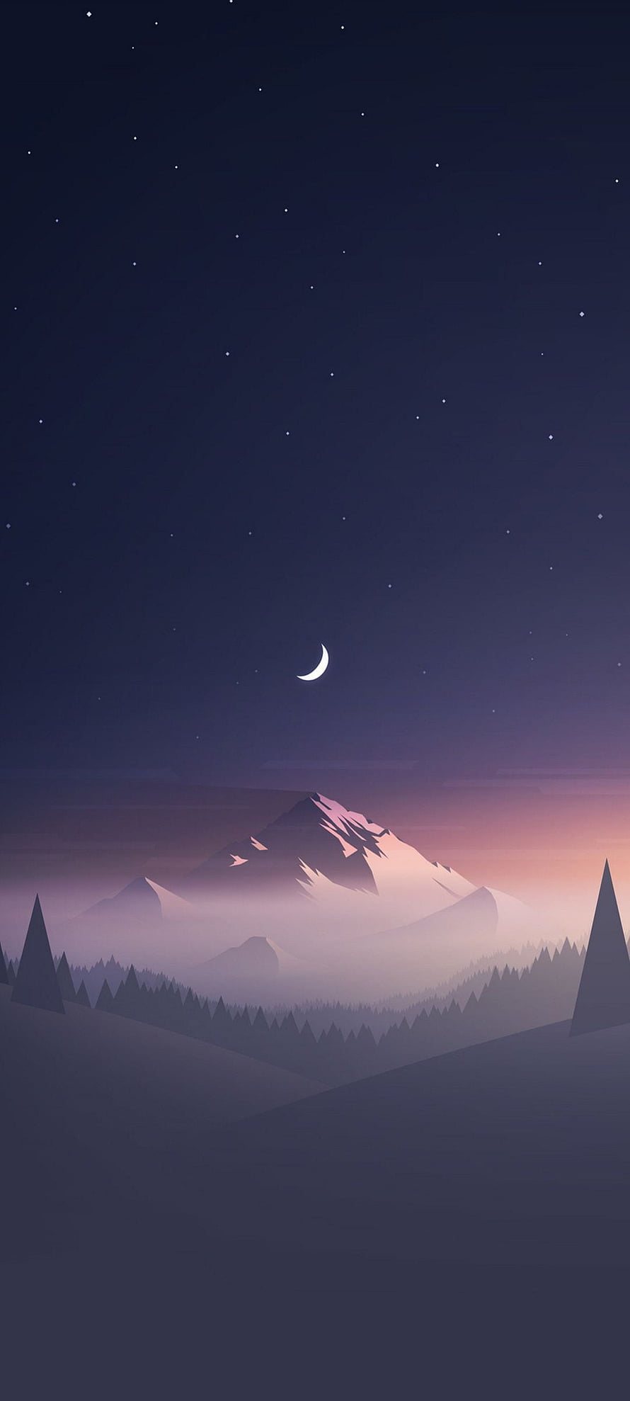 Minimalist Night Mountain Landscape with Crescent Moon and Starry Sky HD phone wallpaper