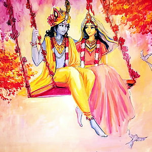 Radha Krishna Sitting on a Flower-Adorned Swing in Vibrant Watercolor Style HD phone wallpaper