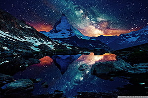 Matterhorn Mountain Under the Milky Way with Lake Reflection at Night HD wallpaper