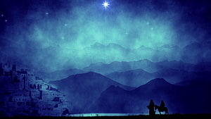 Silhouetted Travelers on Horseback Under the Star of Bethlehem at Night HD wallpaper