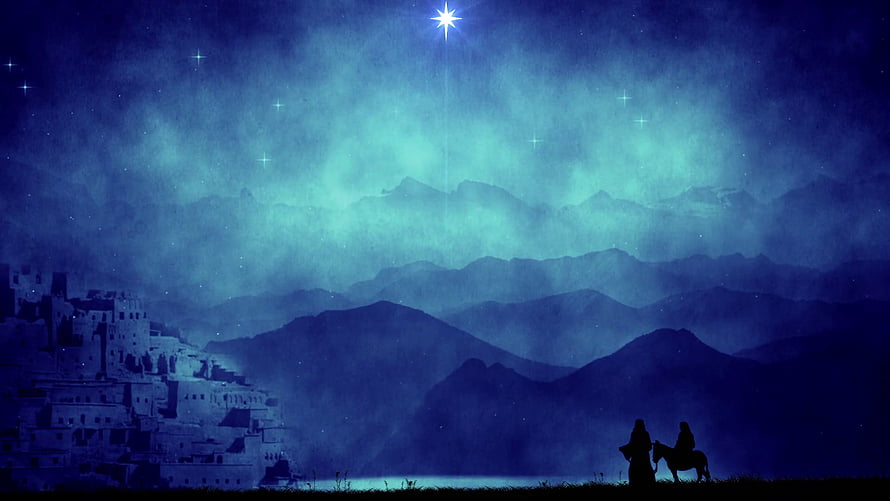 Silhouetted Travelers on Horseback Under the Star of Bethlehem at Night HD wallpaper