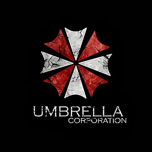 Umbrella Corporation Logo with Cracked Red and White Umbrella Emblem on Black Background HD phone wallpaper
