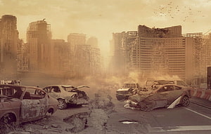 Post-Apocalyptic Cityscape with Wrecked Cars and Ruined Skyscrapers in Dusty Haze HD wallpaper