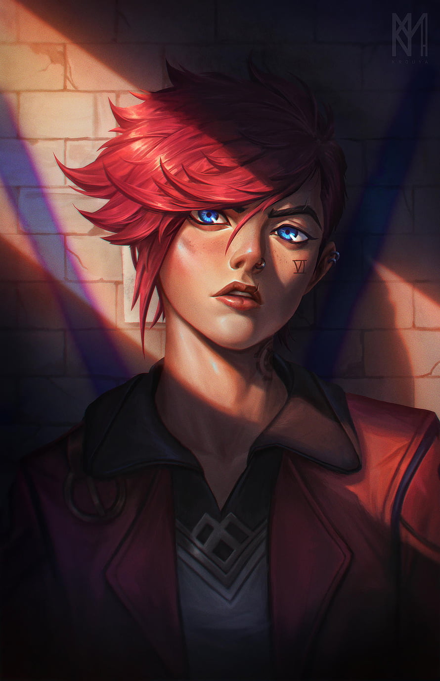Vi from Arcane Digital Art Portrait with Red Hair and Blue Eyes HD phone wallpaper