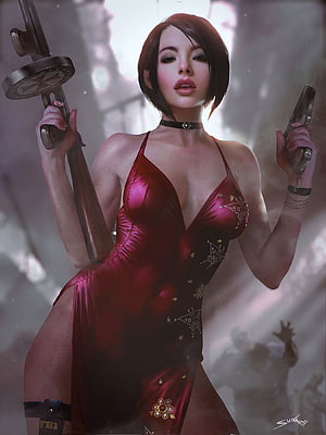 Ada Wong in Red Dress Holding Weapons in Dramatic Digital Art HD phone wallpaper