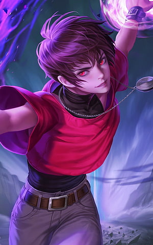Dyrroth from Mobile Legends in a dynamic action pose wielding a glowing energy orb with red eyes and purple hair HD phone wallpaper