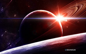 Dramatic Space Scene Featuring Ringed Planet and Distant Star HD wallpaper