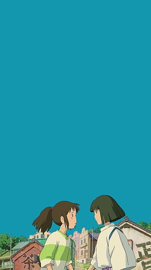 Spirited Away Anime Scene with Two Girls in a Japanese Town Under a Clear Blue Sky HD phone wallpaper
