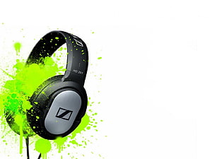 Sennheiser HD 201 Over-Ear Headphones with Vibrant Green Paint Splatter on White Background HD wallpaper