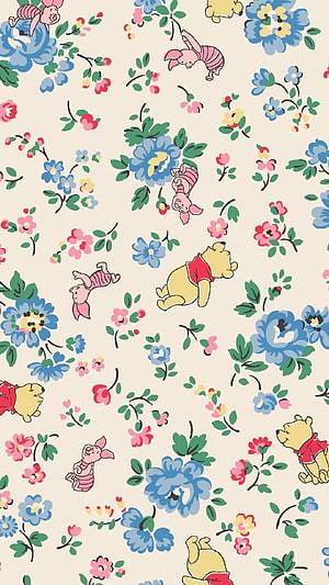 Winnie the Pooh and Piglet in a Vintage Floral Pattern with Blue and Pink Blooms HD phone wallpaper