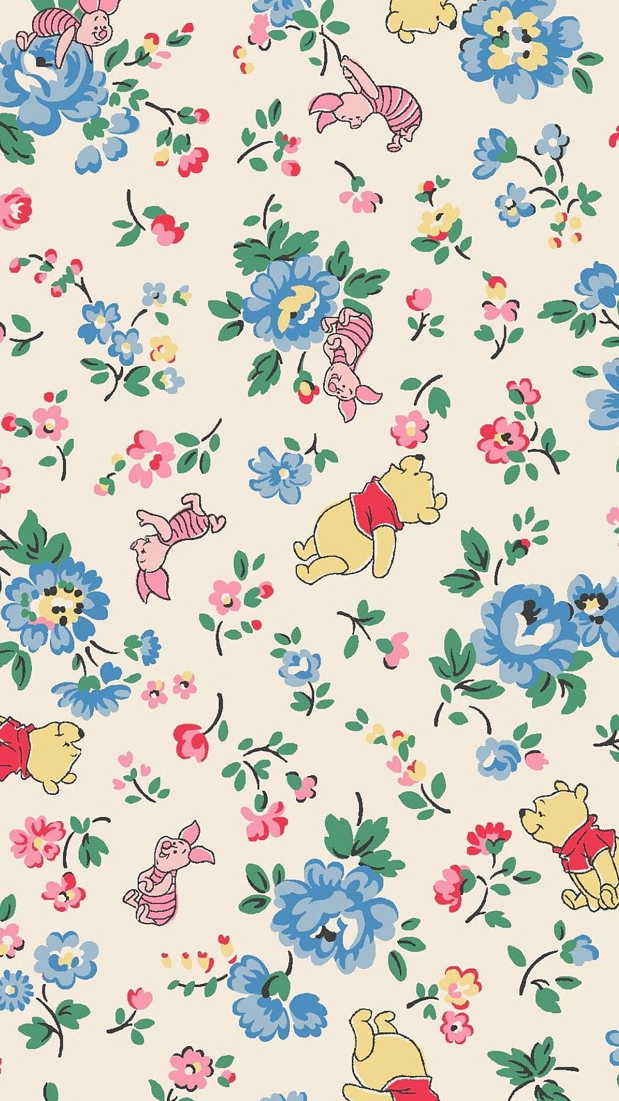 Winnie the Pooh and Piglet in a Vintage Floral Pattern with Blue and Pink Blooms HD phone wallpaper