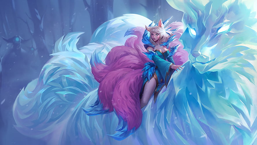 Ahri from Legends of Runeterra in an icy winter forest with glowing blue magic and pink fox tails HD wallpaper