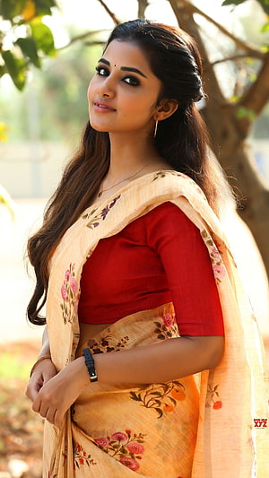 Anupama Parmeshwaran in a Floral Saree with Red Blouse HD phone wallpaper