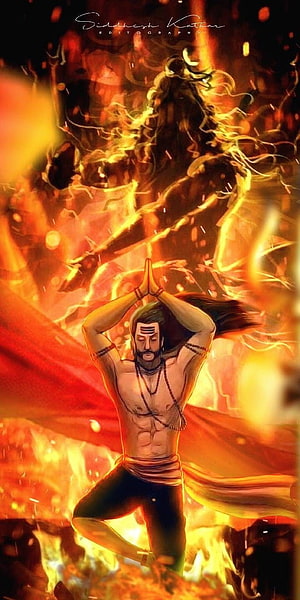 Ravana in Praying Pose Surrounded by Fiery Flames and Mythical Energy HD phone wallpaper