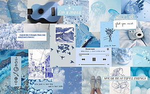 Blue Aesthetic Collage Featuring Ukulele, Jellyfish, and Inspirational Quotes HD wallpaper
