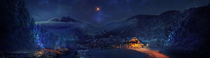 Fairy Tail Winter Village Night Scene with Snowy Mountains and Starry Sky HD wallpaper