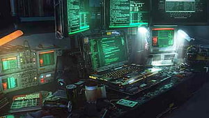Cyberpunk Hacker Workstation with Glowing Green Terminals and Retro Computing Equipment HD wallpaper